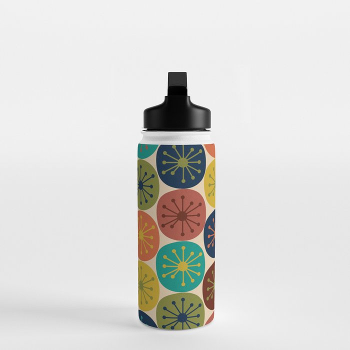 Atomic Dots Pattern in Mid Mod Teal, Orange, Olive, Blue, Mustard, and Beige Water Bottle Gallery Image 3
