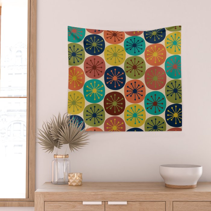 Atomic Dots Pattern in Mid Mod Teal, Orange, Olive, Blue, Mustard, and Beige Wall Tapestry Gallery Image 2