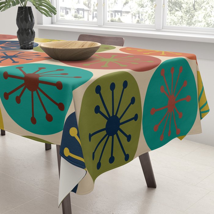 Atomic Dots Pattern in Mid Mod Teal, Orange, Olive, Blue, Mustard, and Beige Tablecloth Gallery Image 3