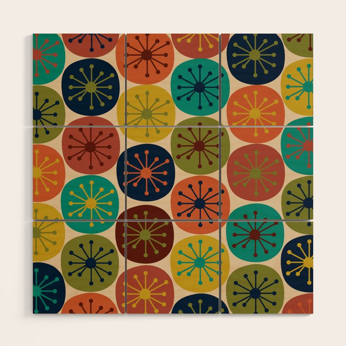 Atomic Dots Pattern in Mid Mod Teal, Orange, Olive, Blue, Mustard, and Beige Wood Wall Art Gallery Image 1