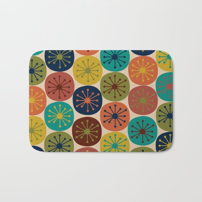 Atomic Dots Pattern in Mid Mod Teal, Orange, Olive, Blue, Mustard, and Beige Bath Mat Gallery Image 1