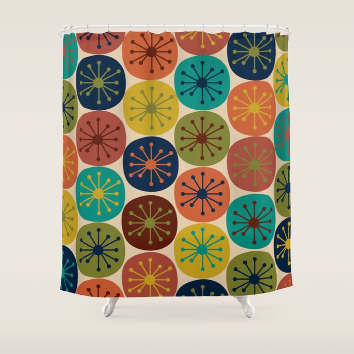 Atomic Dots Pattern in Mid Mod Teal, Orange, Olive, Blue, Mustard, and Beige Shower Curtain Gallery Image 1