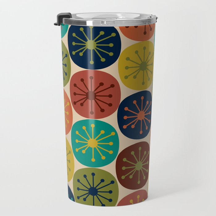 Atomic Dots Pattern in Mid Mod Teal, Orange, Olive, Blue, Mustard, and Beige Travel Mug Gallery Image 3