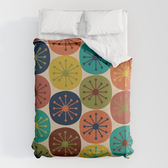 Atomic Dots Pattern in Mid Mod Teal, Orange, Olive, Blue, Mustard, and Beige Duvet Cover Gallery Image 6