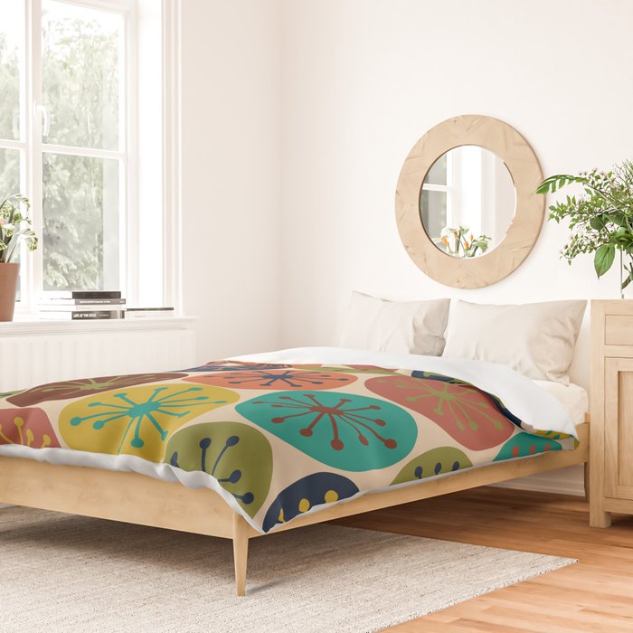 Atomic Dots Pattern in Mid Mod Teal, Orange, Olive, Blue, Mustard, and Beige Duvet Cover Gallery Image 2
