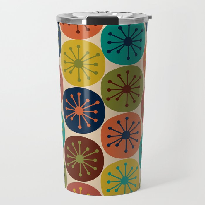 Atomic Dots Pattern in Mid Mod Teal, Orange, Olive, Blue, Mustard, and Beige Travel Mug Gallery Image 1