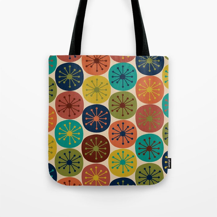 Atomic Dots Pattern in Mid Mod Teal, Orange, Olive, Blue, Mustard, and Beige Tote Bag Gallery Image 1