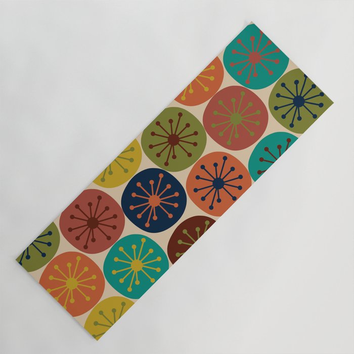 Atomic Dots Pattern in Mid Mod Teal, Orange, Olive, Blue, Mustard, and Beige Yoga Mat Gallery Image 1