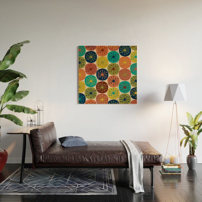 Atomic Dots Pattern in Mid Mod Teal, Orange, Olive, Blue, Mustard, and Beige Wood Wall Art Gallery Image 2