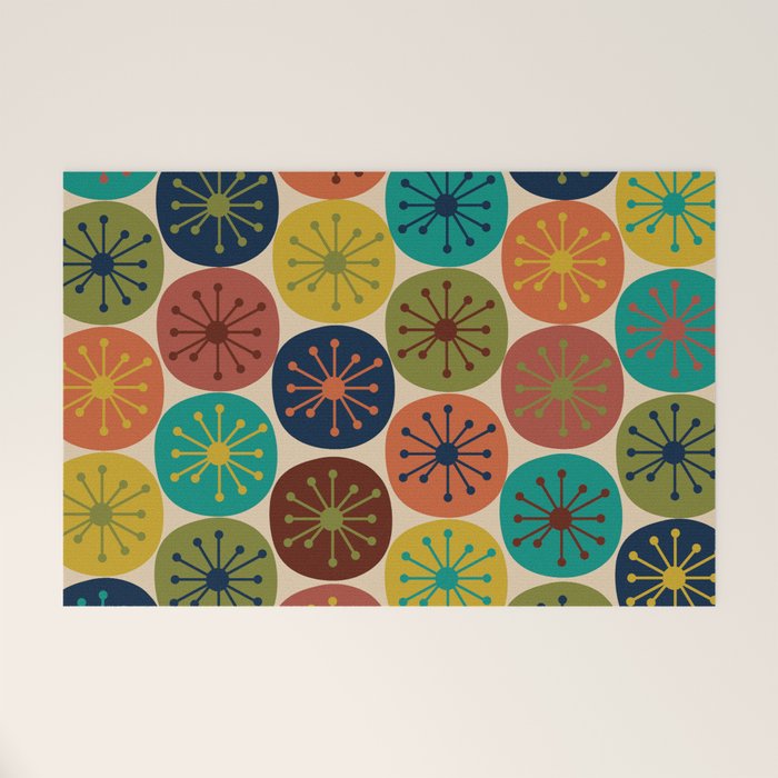 Atomic Dots Pattern in Mid Mod Teal, Orange, Olive, Blue, Mustard, and Beige Welcome Mat Gallery Image 1