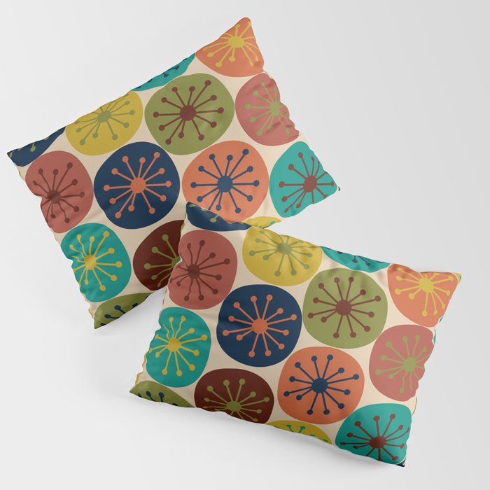 Atomic Dots Pattern in Mid Mod Teal, Orange, Olive, Blue, Mustard, and Beige Pillow Sham Gallery Image 1