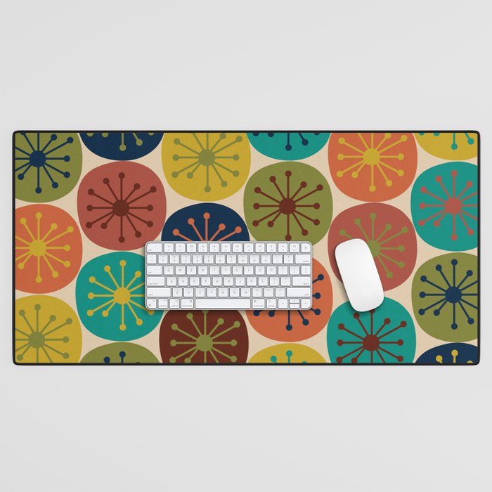 Atomic Dots Pattern in Mid Mod Teal, Orange, Olive, Blue, Mustard, and Beige Desk Mat Gallery Image 1
