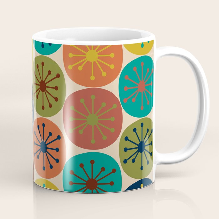 Atomic Dots Pattern in Mid Mod Teal, Orange, Olive, Blue, Mustard, and Beige Coffee Mug Gallery Image 1
