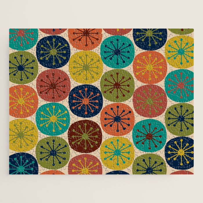 Atomic Dots Pattern in Mid Mod Teal, Orange, Olive, Blue, Mustard, and Beige Jigsaw Puzzle Gallery Image 1