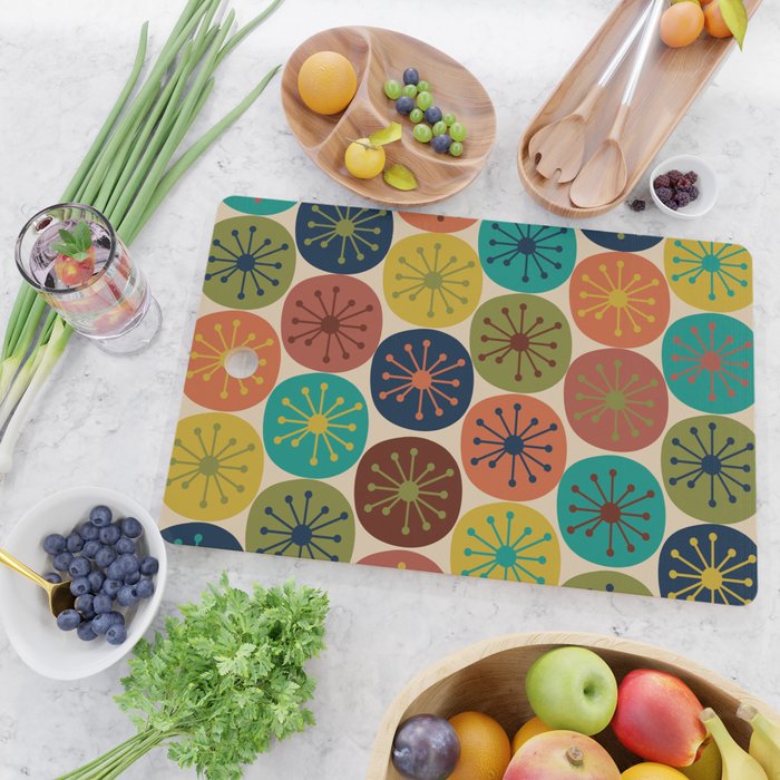Atomic Dots Pattern in Mid Mod Teal, Orange, Olive, Blue, Mustard, and Beige Cutting Board Gallery Image 2