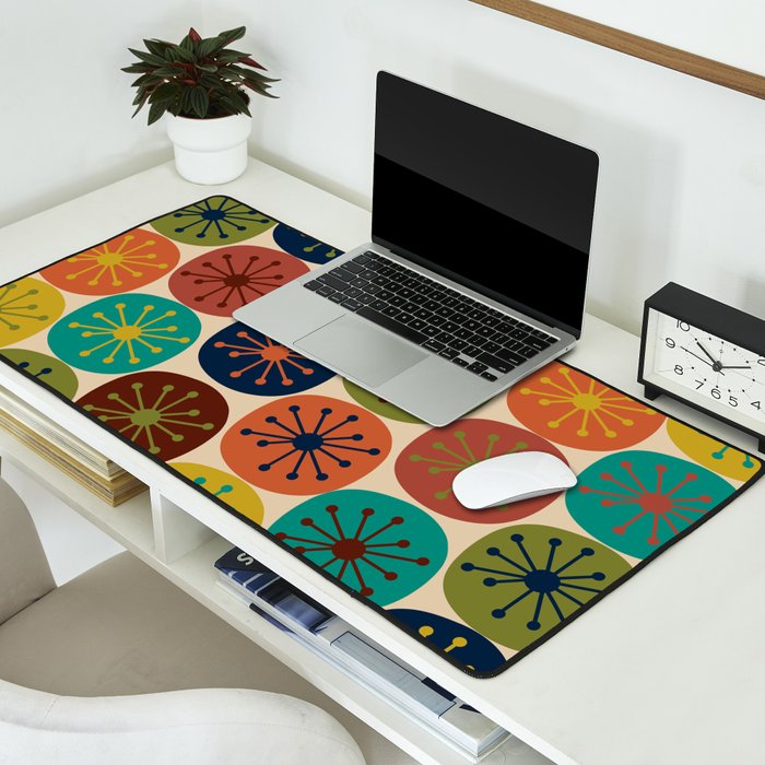 Atomic Dots Pattern in Mid Mod Teal, Orange, Olive, Blue, Mustard, and Beige Desk Mat Gallery Image 2