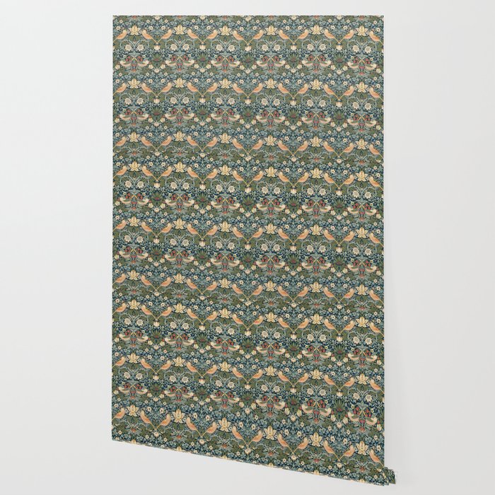 William Morris Vintage Strawberry Thief Green Indigo Thyme Wallpaper Gallery Image 2