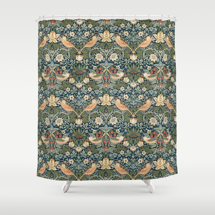 William Morris Vintage Strawberry Thief Green Indigo Thyme Shower Curtain Gallery Image 1