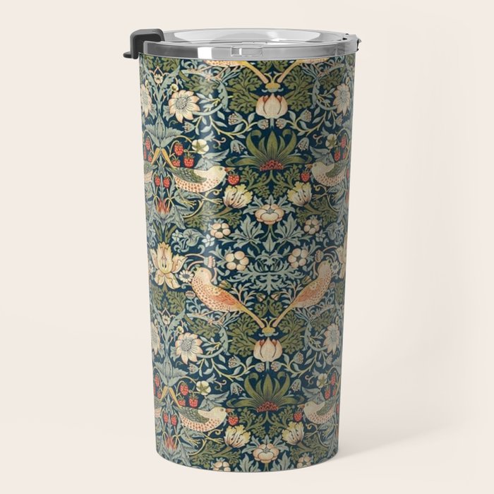 William Morris Vintage Strawberry Thief Green Indigo Thyme Travel Mug Gallery Image 3