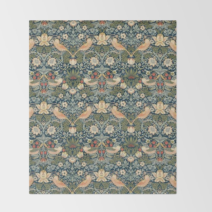William Morris Vintage Strawberry Thief Green Indigo Thyme Throw Blanket Gallery Image 2