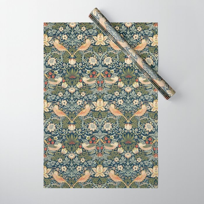 William Morris Vintage Strawberry Thief Green Indigo Thyme Wrapping Paper Gallery Image 1