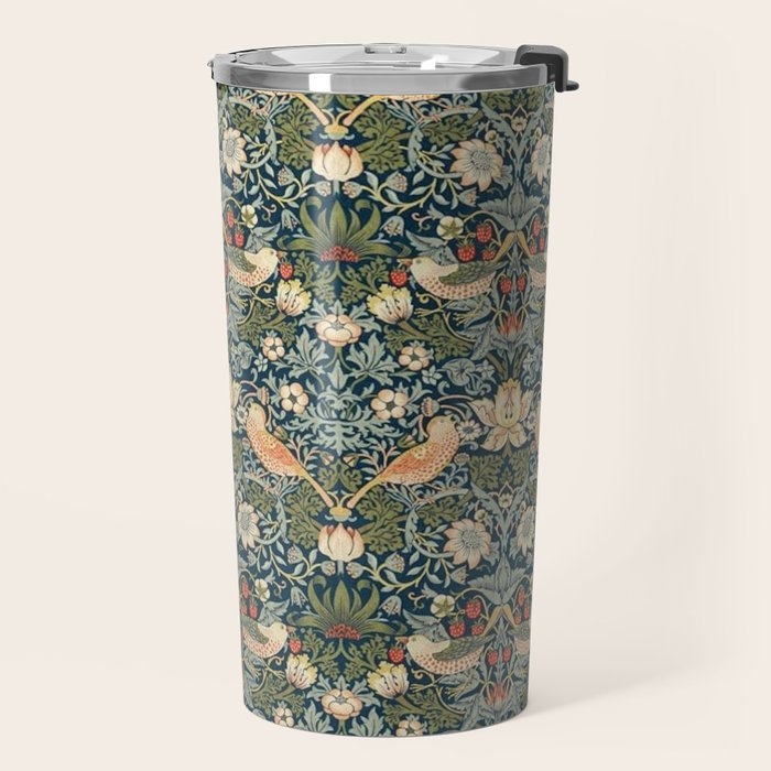 William Morris Vintage Strawberry Thief Green Indigo Thyme Travel Mug Gallery Image 2