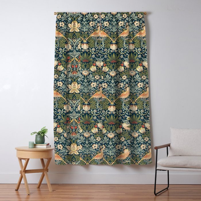 William Morris Vintage Strawberry Thief Green Indigo Thyme Window Curtain Gallery Image 1