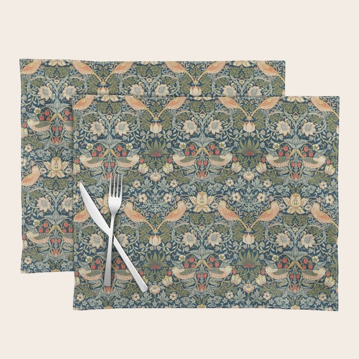 William Morris Vintage Strawberry Thief Green Indigo Thyme Placemat Gallery Image 1