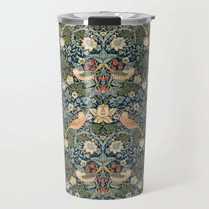 William Morris Vintage Strawberry Thief Green Indigo Thyme Travel Mug Gallery Image 1