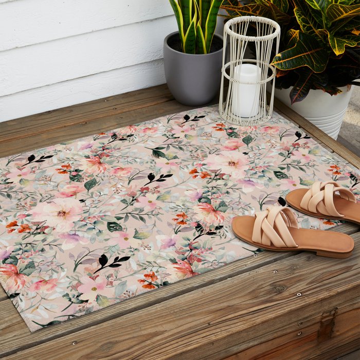 Cottagecore Summer Watercolor Floral Prints Outdoor Rug Gallery Image 2