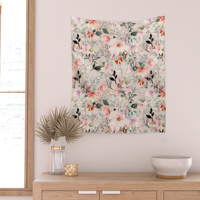 Cottagecore Summer Watercolor Floral Prints Wall Tapestry Gallery Image 2