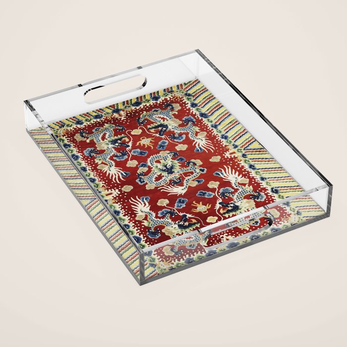 Antique Chinese Dragon Rug Print Acrylic Tray Gallery Image 1