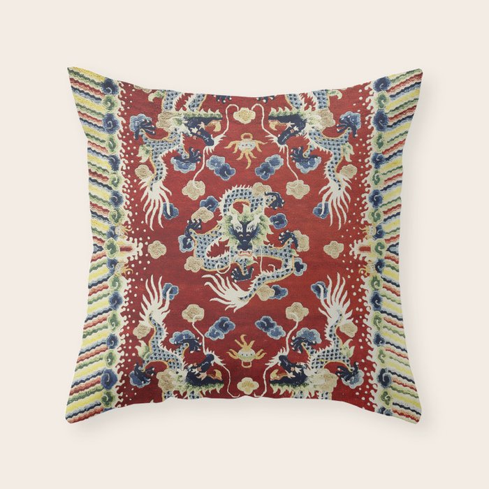 Antique Chinese Dragon Rug Print Throw Pillow Gallery Image 6