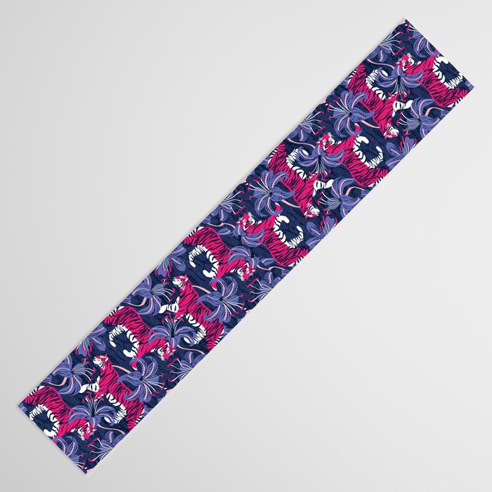 Tigers in a tiger lily garden // textured navy blue background fuchsia pink wild animals very peri flowers Table Runner Gallery Image 3