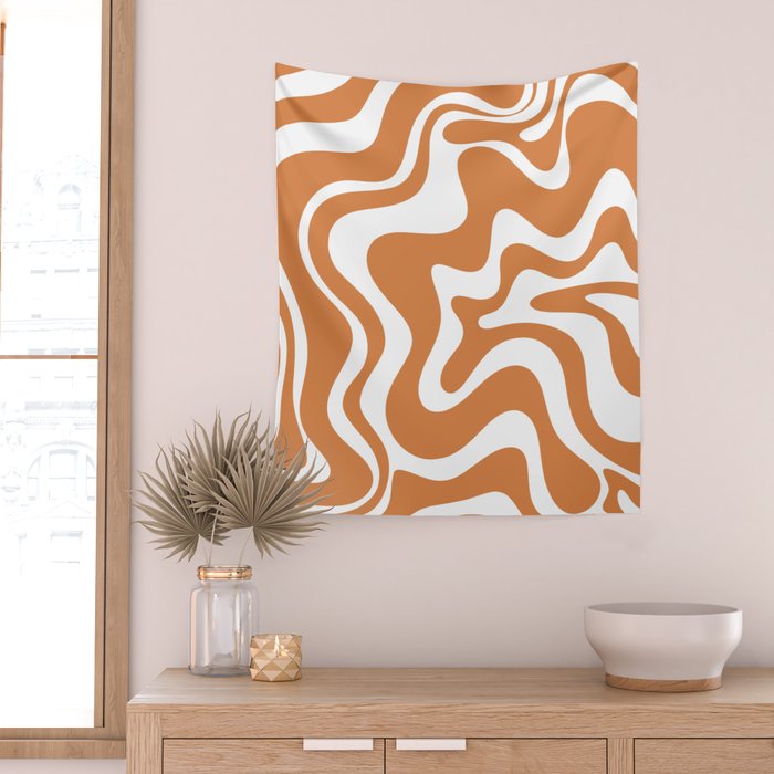 Liquid Swirl Retro Modern Abstract Pattern in Orange Ochre and White Wall Tapestry Gallery Image 2