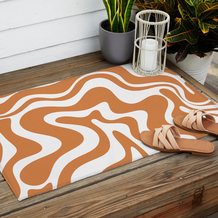Liquid Swirl Retro Modern Abstract Pattern in Orange Ochre and White Outdoor Rug Gallery Image 2