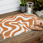 Liquid Swirl Retro Modern Abstract Pattern in Orange Ochre and White Outdoor Rug Gallery Image 2