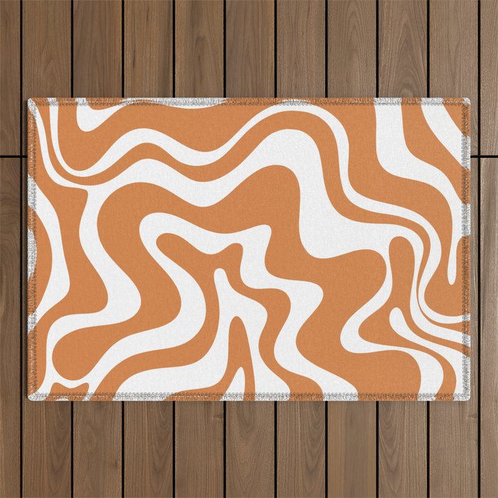 Liquid Swirl Retro Modern Abstract Pattern in Orange Ochre and White Outdoor Rug Gallery Image 1