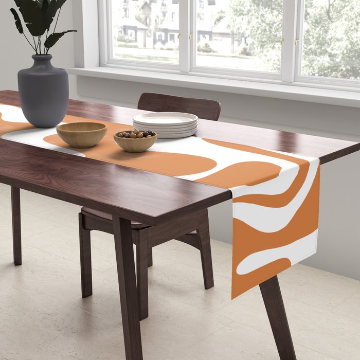 Liquid Swirl Retro Modern Abstract Pattern in Orange Ochre and White Table Runner Gallery Image 2