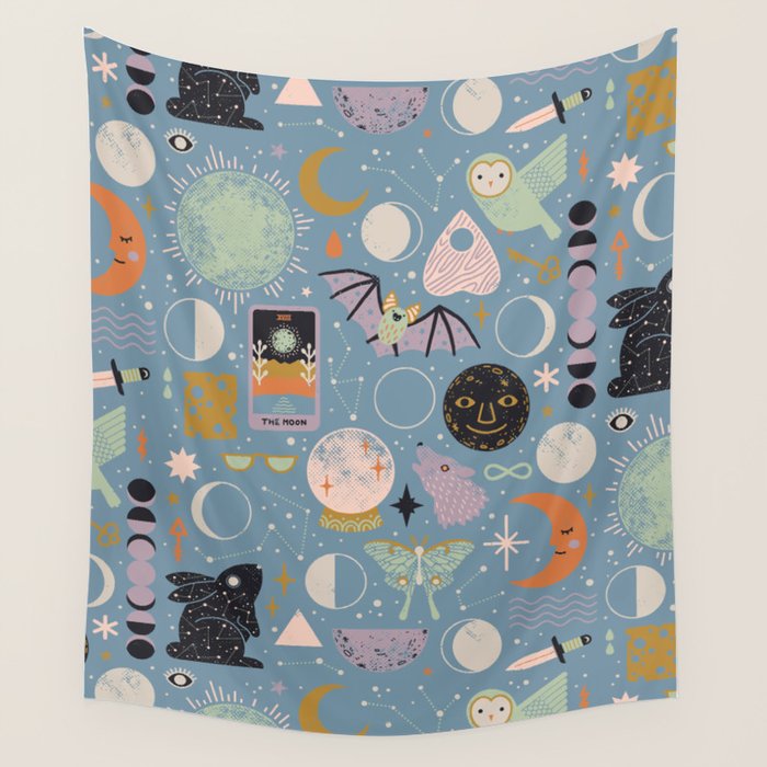Lunar Pattern: Blue Moon Wall Tapestry Gallery Image 4