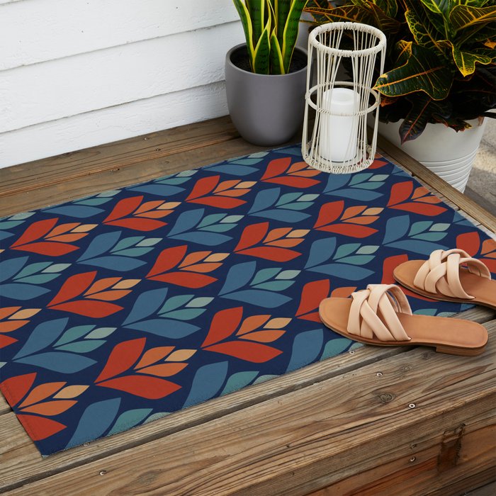 Blue & Red Retro Trefoil Pattern Outdoor Rug Gallery Image 2