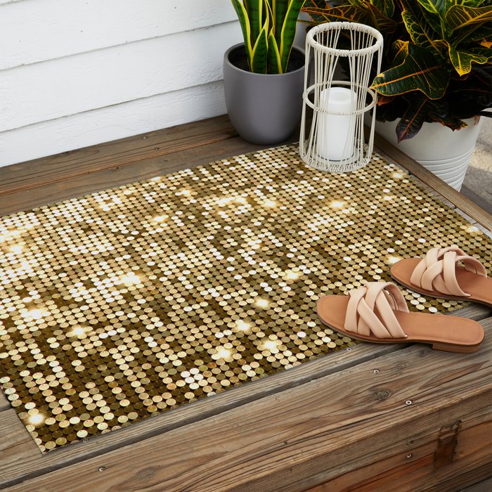 Golden Metallic Glitter Sequins Outdoor Rug Gallery Image 2