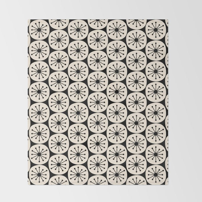 Mid Century Modern Atomic Dots Fun Retro Black and Cream Pattern Throw Blanket Gallery Image 2
