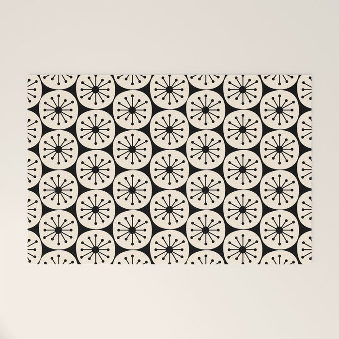 Mid Century Modern Atomic Dots Fun Retro Black and Cream Pattern Welcome Mat Gallery Image 1