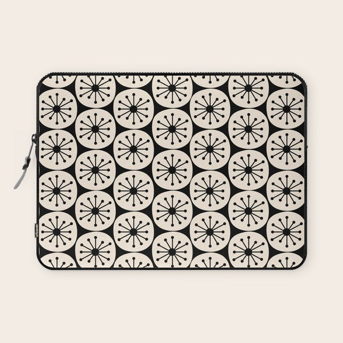 Mid Century Modern Atomic Dots Fun Retro Black and Cream Pattern Laptop Sleeve Gallery Image 1