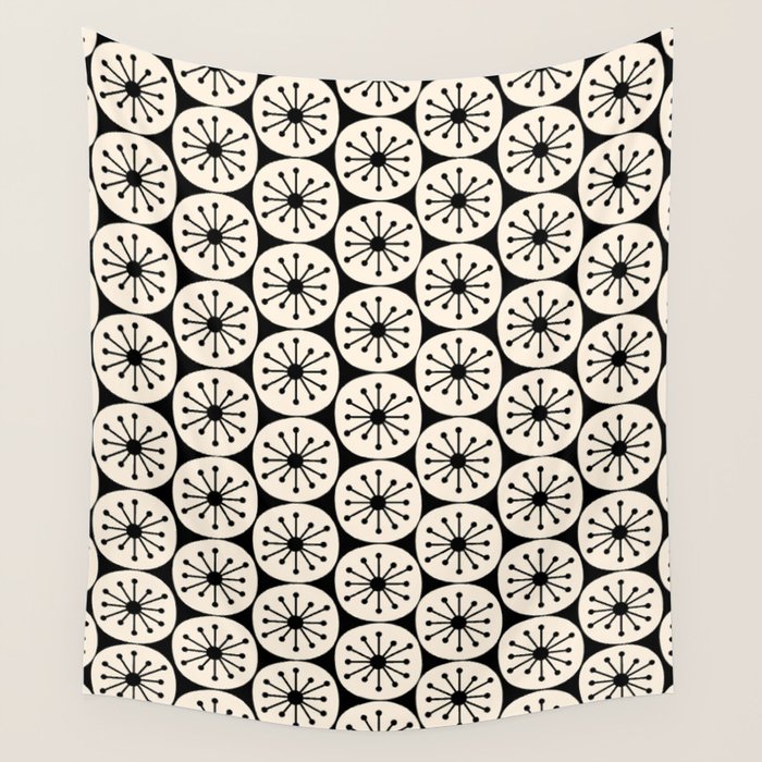Mid Century Modern Atomic Dots Fun Retro Black and Cream Pattern Wall Tapestry Gallery Image 1