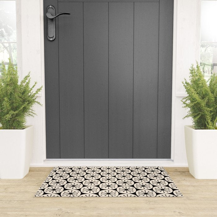 Mid Century Modern Atomic Dots Fun Retro Black and Cream Pattern Welcome Mat Gallery Image 3