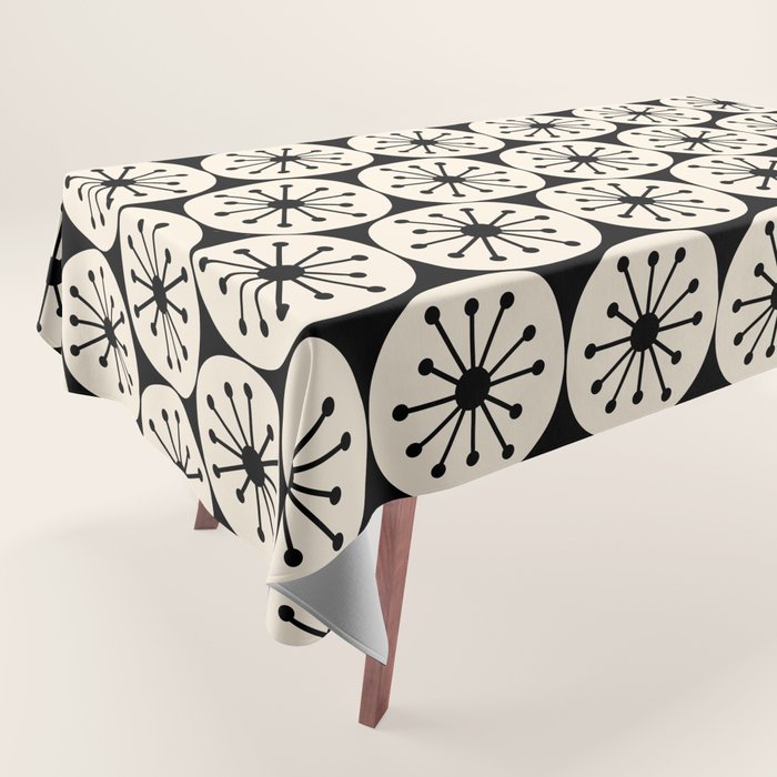 Mid Century Modern Atomic Dots Fun Retro Black and Cream Pattern Tablecloth Gallery Image 1