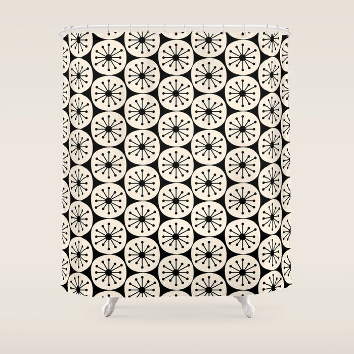 Mid Century Modern Atomic Dots Fun Retro Black and Cream Pattern Shower Curtain Gallery Image 1