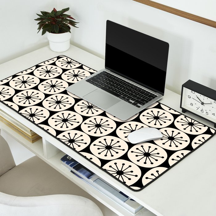 Mid Century Modern Atomic Dots Fun Retro Black and Cream Pattern Desk Mat Gallery Image 2